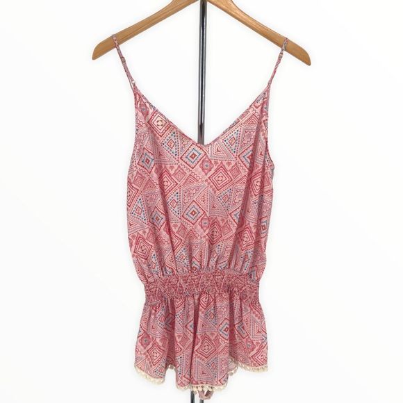 Paloma Blue Silk Pink Geometric Print Crochet Trim Romper Playsuit size Large - Picture 8 of 13